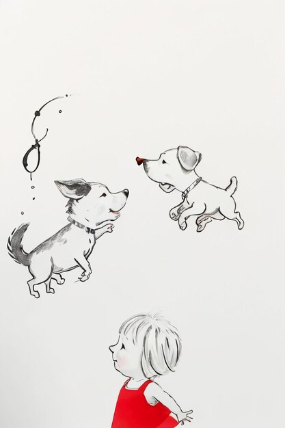 Photo simple strokes child in red and pet dog having fun together hand drawn sketch cartoon illustration