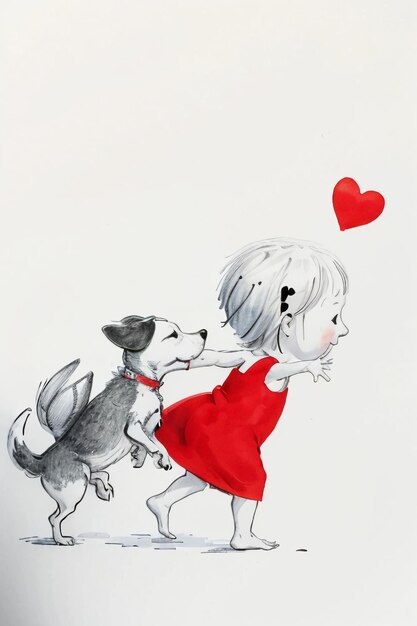 Simple strokes child in red and pet dog having fun together hand drawn sketch cartoon illustration