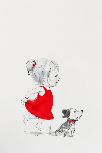 Simple strokes child in red and pet dog having fun together hand drawn sketch cartoon illustration