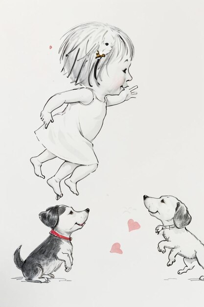 Простые штрихи ребенок в красном и домашняя собака веселятся вместе Ручно нарисованный эскиз мультфильм иллюстрация