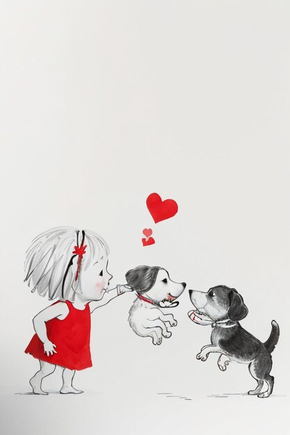 Simple strokes child in red and pet dog having fun together hand drawn sketch cartoon illustration