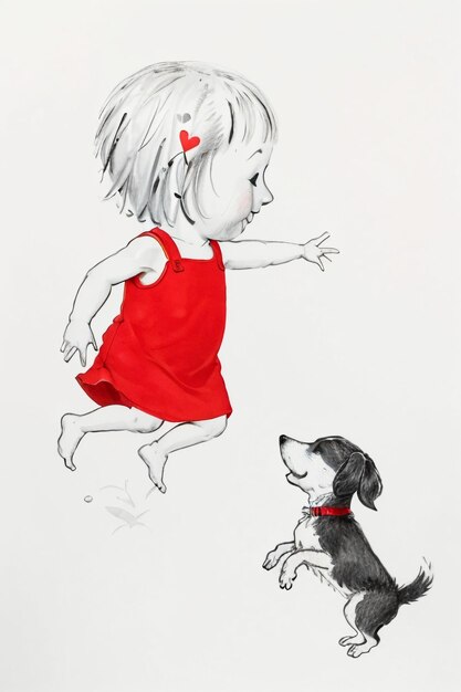 Simple strokes child in red and pet dog having fun together hand drawn sketch cartoon illustration