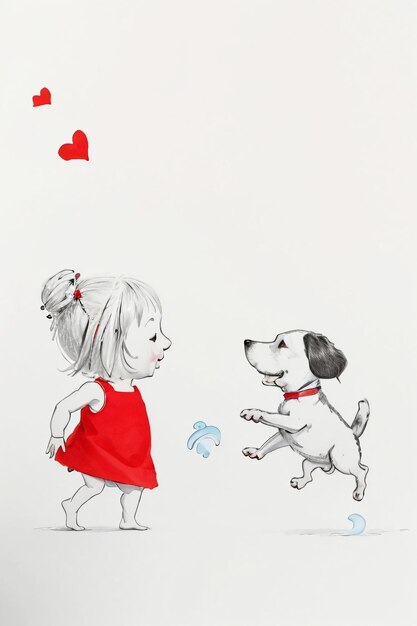 Simple strokes child in red and pet dog having fun together hand drawn sketch cartoon illustration