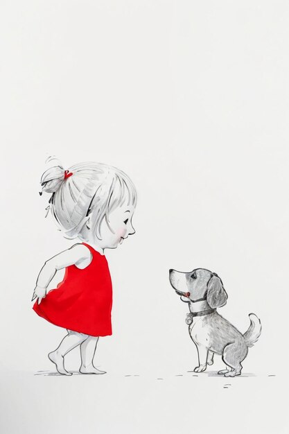 Simple strokes child in red and pet dog having fun together hand drawn sketch cartoon illustration