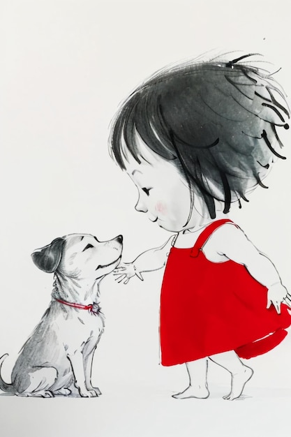 Simple strokes child in red and pet dog having fun together Hand drawn sketch cartoon illustration