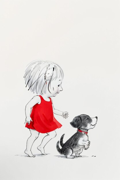 Simple strokes child in red and pet dog having fun together hand drawn sketch cartoon illustration