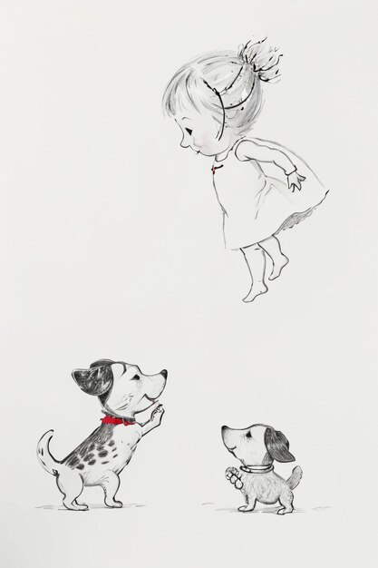 Photo simple strokes child in red and pet dog having fun together hand drawn sketch cartoon illustration