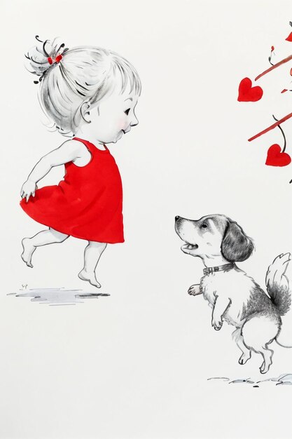 Simple strokes child in red and pet dog having fun together hand drawn sketch cartoon illustration