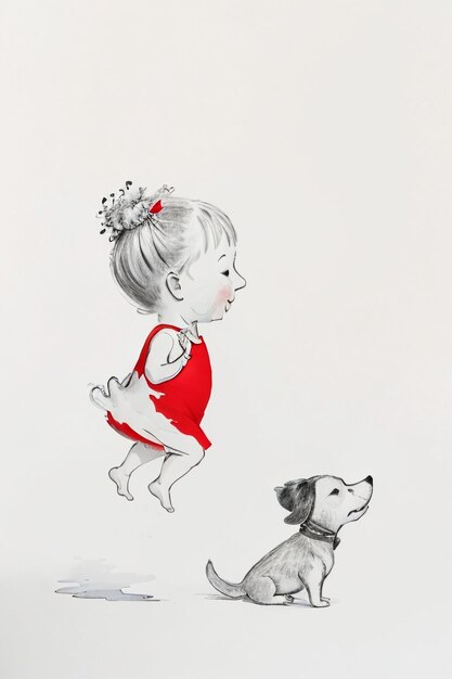 Simple strokes child in red and pet dog having fun together hand drawn sketch cartoon illustration