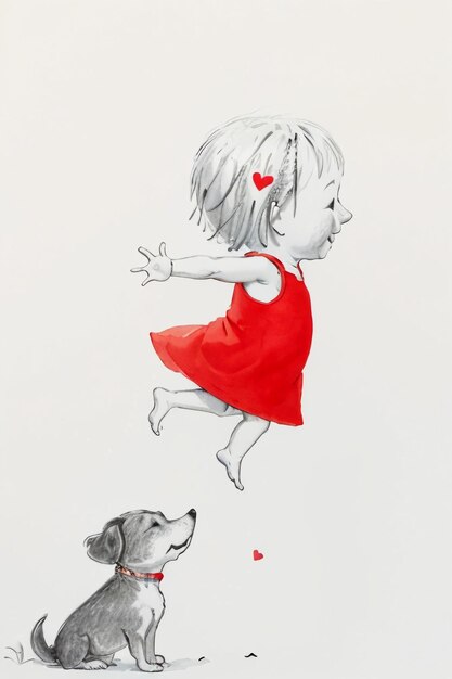 Simple strokes child in red and pet dog having fun together hand drawn sketch cartoon illustration