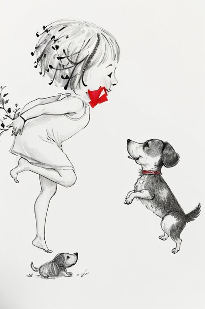 Foto semplici colpi bambino in rosso e cane da compagnia che si divertono insieme illustrazione disegnata a mano del fumetto dello schizzo