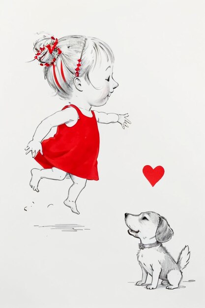 Simple strokes child in red and pet dog having fun together hand drawn sketch cartoon illustration