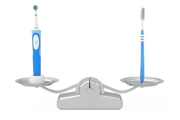 シンプルな歯ブラシと白い背景のシンプルな体重計に充電スタンド付きの新しい電動歯ブラシ。 3Dレンダリング