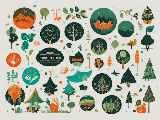 単純な木 カートゥーン 森林の植物 葉っぱの少ない 茂み 灌木 植物園 自然の要素 ベクター フラットセット