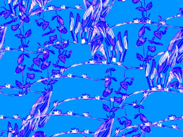 Фото Простой тропический чистый бесшовный рисунок. голубой и индиго наивный дизайн джунглей. иллюстрация гавайского леса, нарисованная вручную. цветочный творческий летний принт. экзотический купальник на фоне листьев.