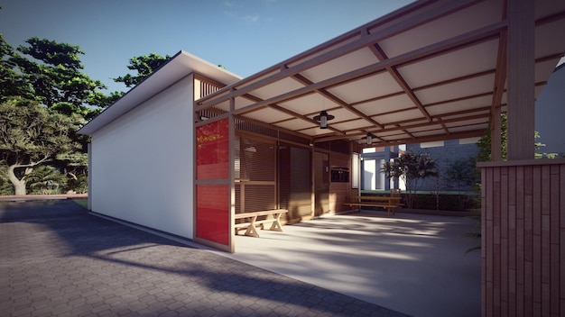 Semplice casa tropicale con garage e pergola illustrazione 3d