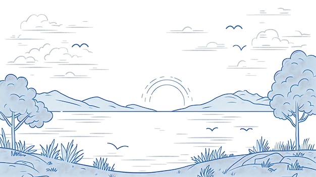 Фото Простая векторная иллюстрация озера и гор на заднем плане на переднем плане есть трава и деревья на небе есть облака и птицы
