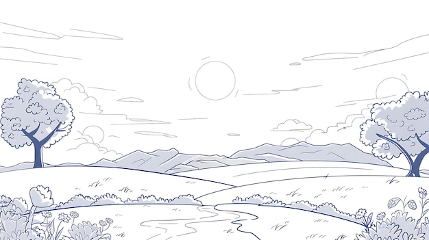 simple vector illustration of a rural landscape with a large tree rolling hills and a river in the foreground