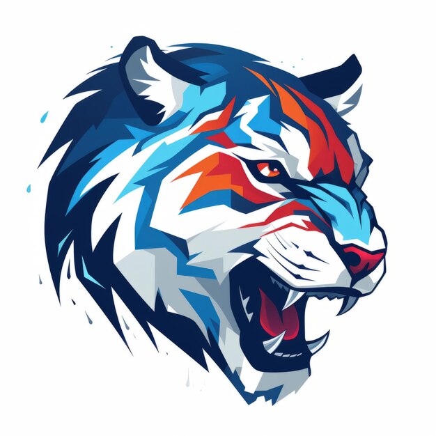 Simple Vector Tiger Head Logo Flat Side View with Blue White and Red Colors