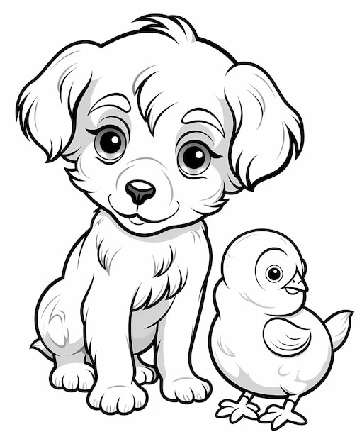Photo simple and very cute baby chicken and puppy standing