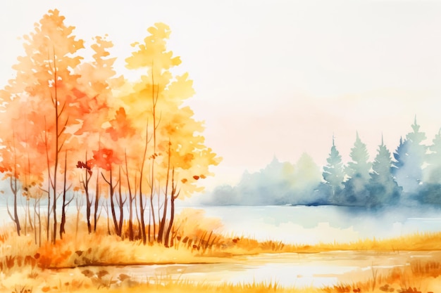 Simple watercolor autumn landscape scenery Beautiful nature fall season background