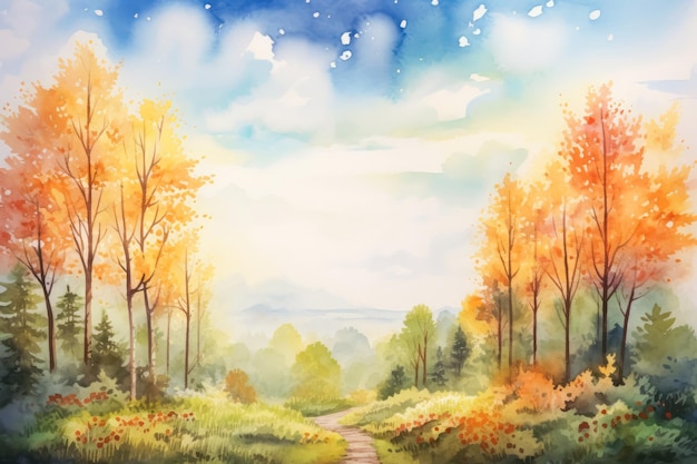 Simple watercolor autumn landscape scenery Beautiful nature fall season background