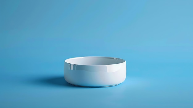 A simple white bowl sits on a blue background The bowl is slightly curved and has a smooth glossy finish