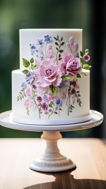 Photo simple white cake with watercolor florals