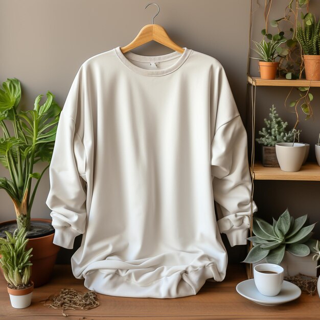 A simple white gildan 1800 sweater on a hanger mockup