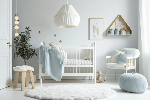 Photo simple white nursery with a bed and rug for babies