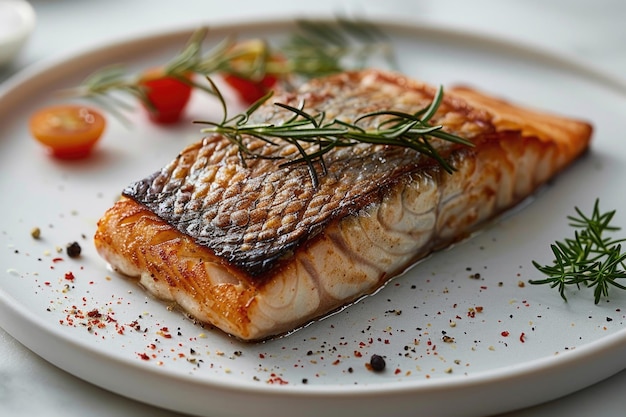 A simple white plate with a piece of fish placed on it against a clean white background