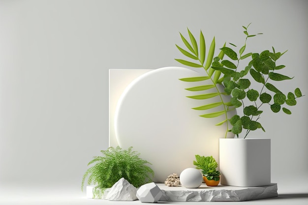 Simple White Product Display with Plant and Rock or Stone 3D Illustration of Podium