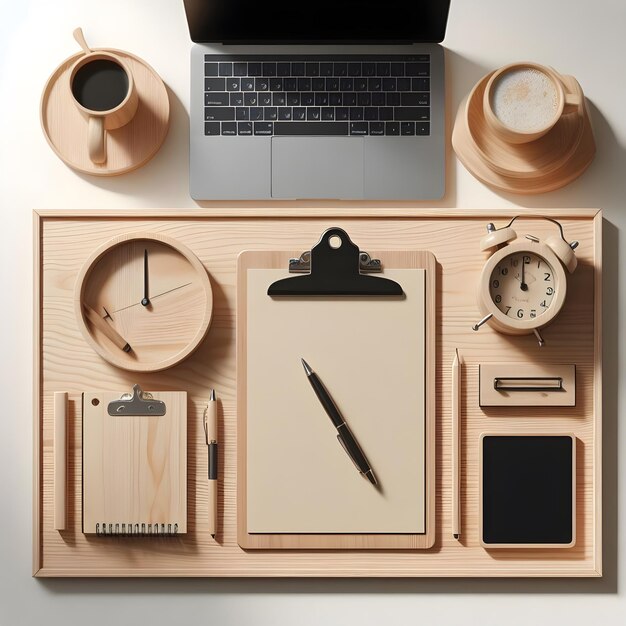 Photo simple wood desk with clipboard and laptop