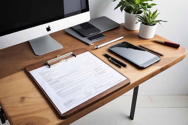 Simple wood desk with clipboard and laptop