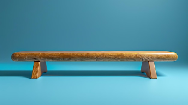 Photo simple wooden bench on a blue background the bench is made of a single piece of wood and has a natural finish