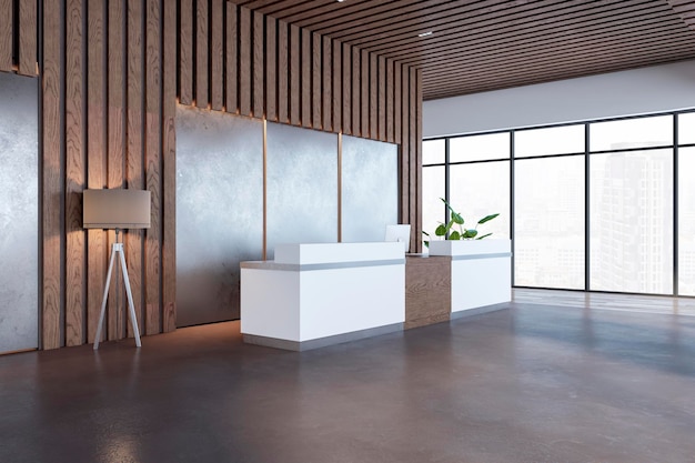 Simple wooden and concrete office lobby interior with reception desk panoramic window with city view and other objects Waiting area and interior designs concept 3D Rendering