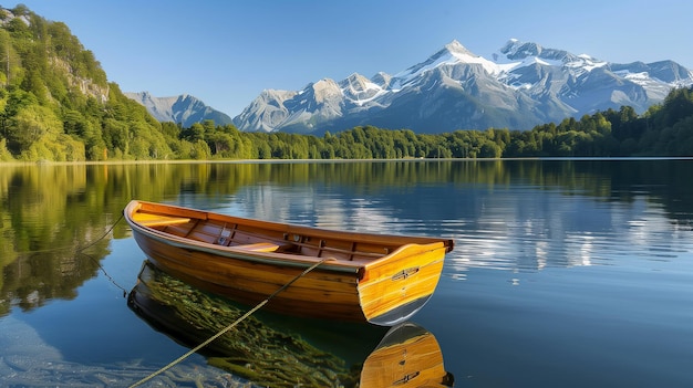 A simple wooden rowboat moored on the glassy surface of a secluded mountain lake surrounded by snow