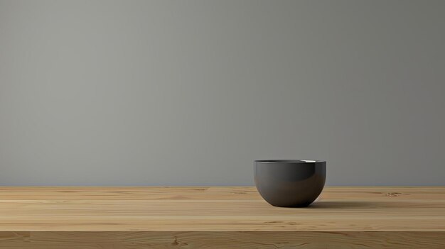 Photo a simple wooden table with a ceramic bowl on it the bowl is dark gray and the table is light brown the background is a light gray wall