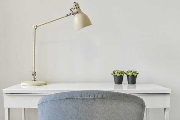 Simple working space in a modern house. view of an elegant desk\
with lamp and plants on it