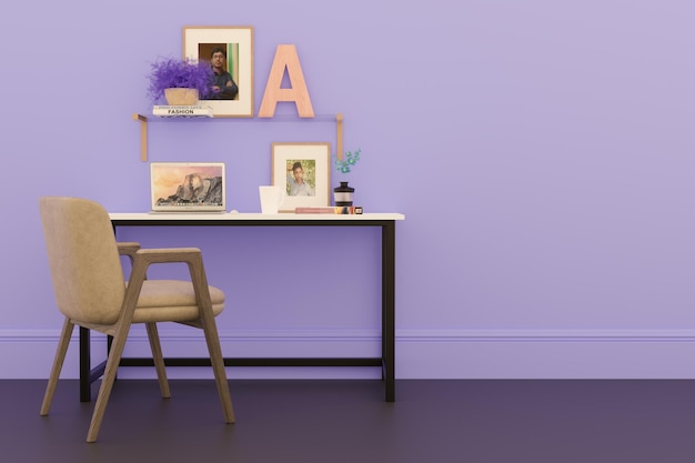 A Simple workplace with a laptop coffee cup indoor plant white table and other elements