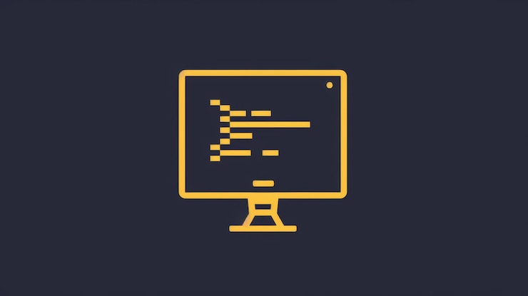 Photo simple yellow computer monitor icon with code on a dark blue background