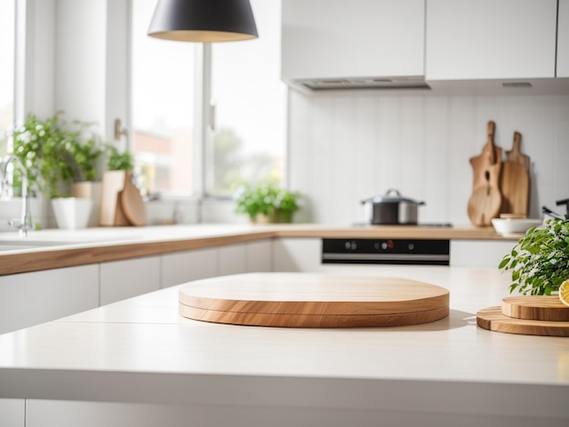 Simplicity and Elegance Wooden Light Empty Tabletop in Modern White Kitchen