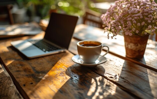 Simplicity in a well lit workspace with a laptop and a cup of coffee