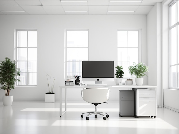 Photo simplicity in workspace white office room with desktop computer