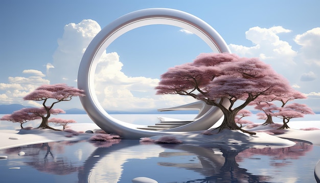 Simplified 3D Arch with Trees and Cloudy Backdrop