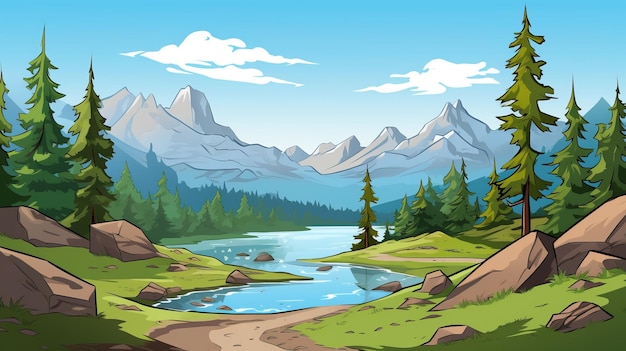 Simplified Cartoon Landscape Of Spectacular Mountain And River