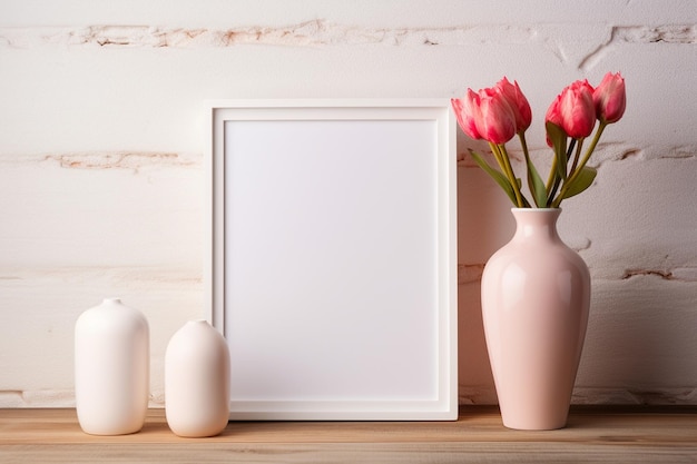 Simplified Home Chic Blank Frame and Floral Vases Side by Side