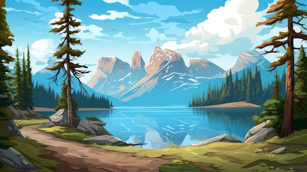 Simplified Mountain Landscape With Woods And Lake Digital Painting