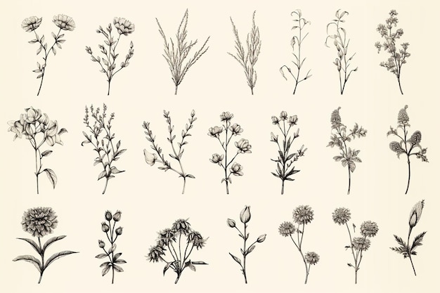 写真 シンプルな植物のハーブと野生の花をヴィンテージスタイルで ar 32 c 25