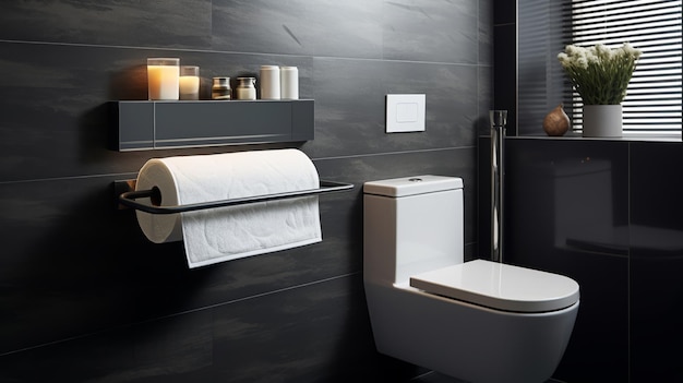 Simplistic yet chic lavatory setup showcasing a roll of toilet paper with a polished metal dispenser against a charcoal tiled wall for a contrast effect